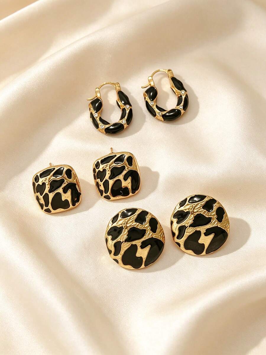 3 Pairs Vintage Leopard Print Stud & Hoop Earrings Set, Women's Earrings, Atmospheric Daily Wear - Multicolor - View 1