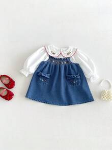 Miniweenns Infant & Toddler Girls Spring/Autumn Denim Embroidered Pinafore Dress With Double Pockets + Embroidered Collar Versatile Blouse, Casual 2-Piece Set - Blue and White - View 6