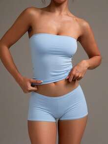 XLLAIS Sexy Strapless Basic Camisole, Fashionable Solid Color Stretchy Fitted Light Blue Bandeau Top, Suitable For All Seasons Casual Summer - Sky Blue - View 8
