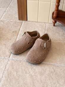 Children's Matte Rhinestone Casual Loafers, Girls' Metal Buckle Soft Sole Retro Slip-On Shoes - Khaki - View 3