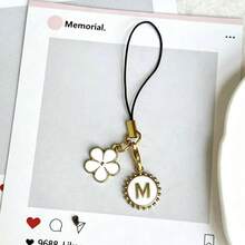 1 buah Bunga Putih/Bunga Lima Kelopak/Bulat Dua Sisi 26 Huruf/Tali Gantungan Ponsel/Dekorasi/Hadiah Perhiasan DIY - Putih - View 14