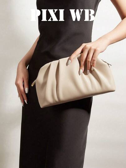 Cream-Colored Vertical Pleated Clutch Bag, Horizontal Rectangular Relaxed Silhouette With Double Metal Zipper, Evening Party Wedding Date Night Bag