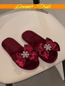 Burgundy Fuzzy Open Toe Slippers Satin Bow Rhinestone Snowflake Decor Christmas Warm Plush House Slides - Burgundy - View 5