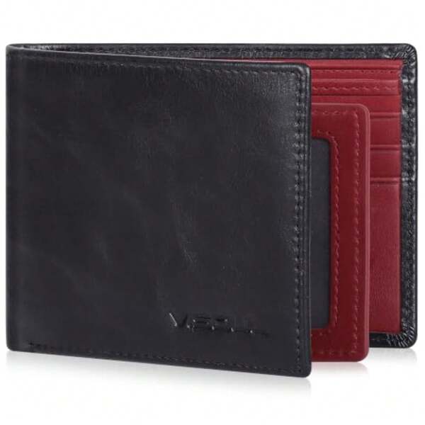Portefeuille bifold pour hommes avec 2 fenêtres d'identification et deux compartiments pour l'argent, porte-cartes multi-cartes en cuir véritable, portefeuille de designer avec blocage RFID
