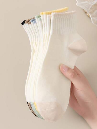 5 Pairs Women's Sports Cotton Short Socks, Moisture-Wicking Solid Color All-Match Casual Fashion Versatile Pure Cotton Socks, Soft Breathable Non-Tight Student Socks, Summer Cool White Socks, Travel Essential (Random Color Delivery)