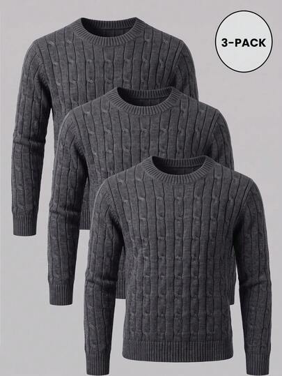 3pcs Men's Twisted Cable Knit Slim Fit Regular Shoulder Round Neck Long Sleeve Sweater