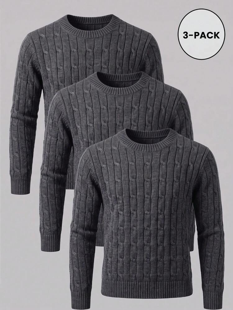 3pcs Men's Twisted Cable Knit Slim Fit Regular Shoulder Round Neck Long Sleeve Sweater - Grey - View 1