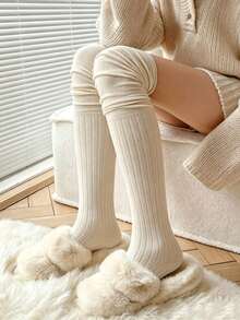 1/4 Pairs Women Solid Vertical Ribbed Knit Thigh High Socks, Casual Slouch Over The Knee Long Socks, Versatile Daily Leg Warmers - Multicolor - View 5