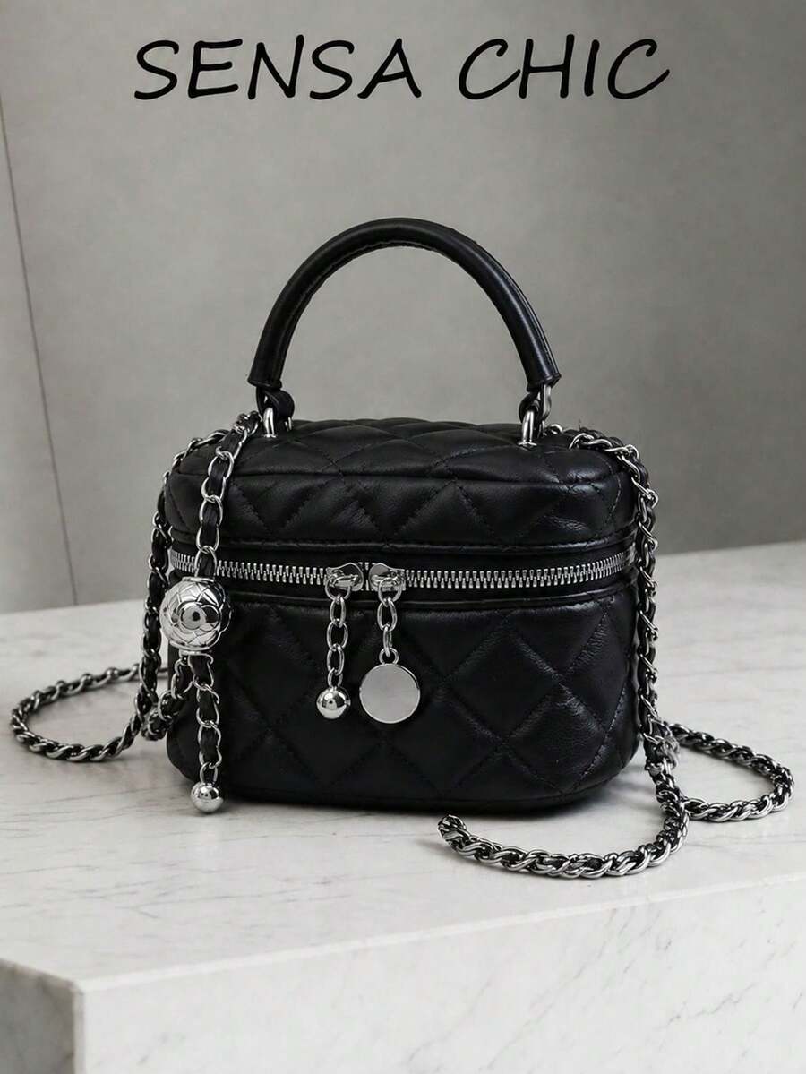 Quilted Rhombus Textured Pattern Black Solid Color Mini Box Bag, Handheld Chain Crossbody 2-In-1 Small Bag, Wrap-Around Double Zipper Full Closure Design, Square Mini Makeup Storage Bag, Suitable For Dating, Store Visiting, Shopping, Short Trips, Exquisite Versatile Crossbody Bag - Black - View 1