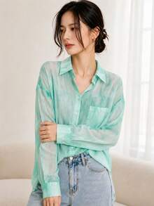 YUXIN 女款甜美紮染輕盈透視襯衫，寬鬆透氣長袖上衣，適合休閒外出與度假，春/夏 - 薄荷綠 - 查看 3