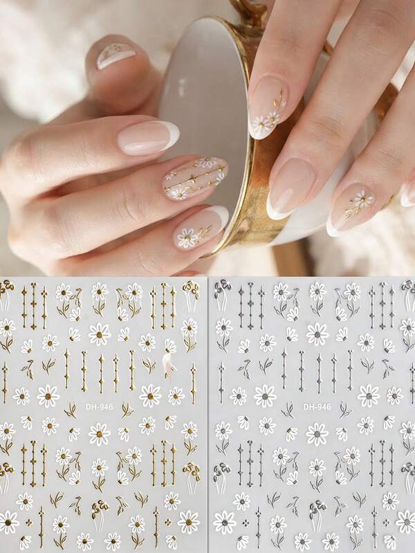 2pcs Daisy Chain Gold & Silver Nail Art Stickers, Minimalist Fresh Style, Nail Artist Supplies, Suitable For Spring/Summer, Wedding Season And Daily Party Decoration