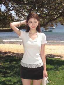 YCYC Korean Style Design Neckline Lace Patchwork Women's Half-Button Short Sleeve Casual T-Shirt White Summer - White - View 4