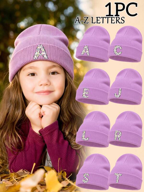 1PC Children's Simple Floral Letter A-Z Knit Hat, Suitable For Girls' Autumn/Winter Clothing Accessories, Exquisite Item Perfect As Holiday Birthday Gift