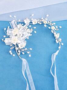 KOVLYNE 1pc Elegant White Floral Bridal Hair Accessory With Bow, Rhinestones And Faux Pearls, Suitable For Bride, Bridesmaid, Prom And Formal Occasions - Silver - View 2