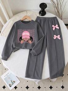 Tween Girl Cartoon Print Crew Neck Sweatshirt And Bow Decor Long Pants - Dark Grey - View 1