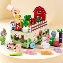 Children's Wooden Farm Toy Set, Montessori Farm Scene Building Game, Includes Vegetable Garden, Animal Models, Role-Play Educational Toy - Multicolor - View 2