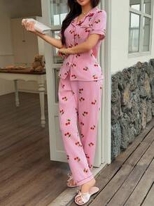 Bubble Crinkle Cherry Striped Print Short Sleeve Long Pants Pajama Set, Wearable As Casual Wear - Pink - View 6