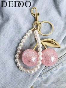 Dedoo Fashionable Cherry Keychain, Shiny Resin Pendant, Alloy C-Shaped Hook, Customizable, Suitable For Wallet/Bag, Ideal Gift For Family, Friends, Couples, Perfect For Valentine's Day - Pink - View 1