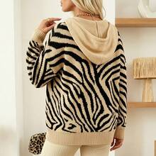 Plus Size Animal Print Hooded Knit Dress, Loose Long Sleeve Drawstring Pullover Top, Women's Winter Outdoor Vacation Outfit - Khaki - View 2