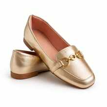 Women's Square Toe Loafer With Chain Detail, Comfortable Casual Style - Gold - View 1
