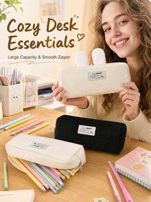 Minimalist Pure Black Canvas Pencil Case, Cute Cartoon Label Pencil Pouch, Large Capacity Stationery Storage Bag, Simple Portable Makeup Bag, Student Aesthetic Stationery, Daily Back To School Gift - Multicolor - View 3