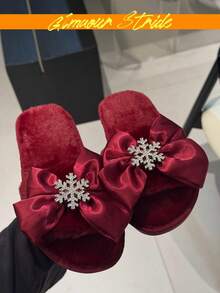 Burgundy Fuzzy Open Toe Slippers Satin Bow Rhinestone Snowflake Decor Christmas Warm Plush House Slides - Burgundy - View 1