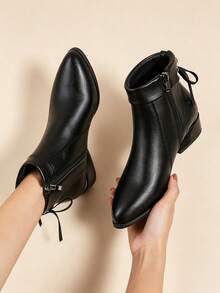 Women's Classic Black Pointed Toe Chunky Heel Ankle Boots With Back Tie And Side Zipper, Fashionable Versatile Office And Casual Boots - Black - View 1