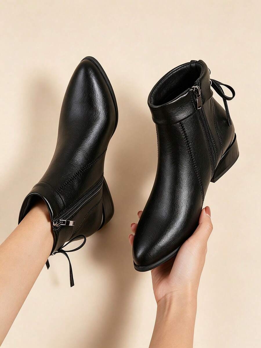 Women's Classic Black Pointed Toe Chunky Heel Ankle Boots With Back Tie And Side Zipper, Fashionable Versatile Office And Casual Boots - Black - View 1