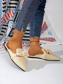 Cream White Vertical Striped Knit Pointed Toe Mule Slippers, Bow Closed Toe Flat Half-Slip, Gentle Style Outdoor Women's Slippers - Beige - View 4