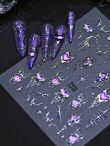 萬聖節暗黑風紫色與銀色金屬感美甲貼紙，荊棘心形蜘蛛星月浮雕貼花，次文化酷感可穿戴美甲藝術裝飾 - 彩色 - 查看 1
