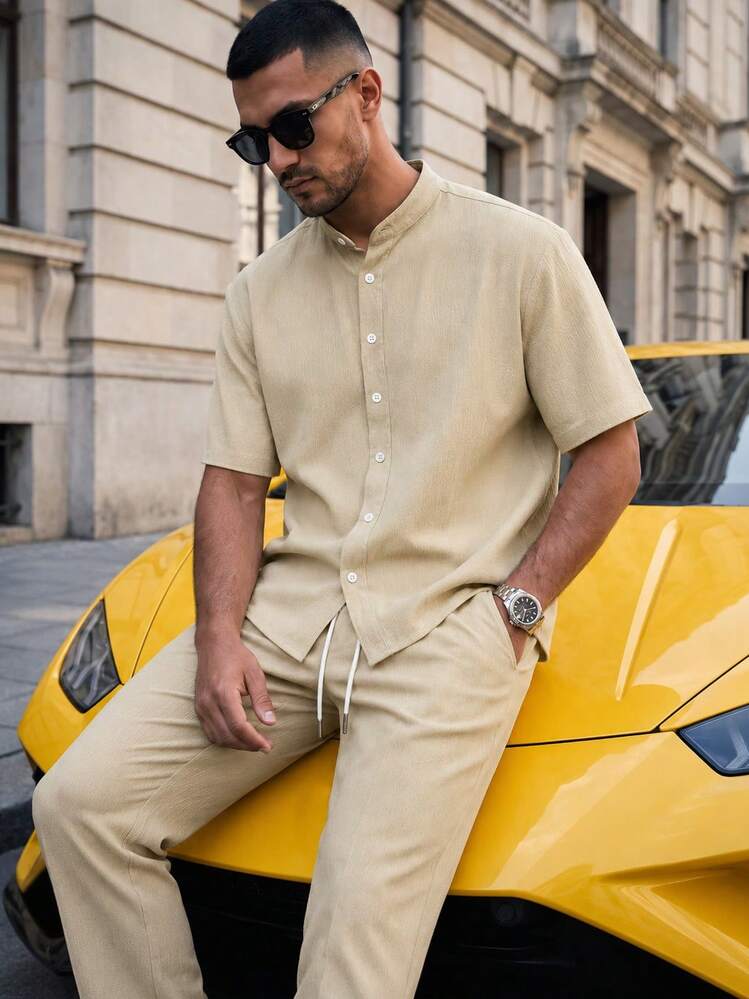 Men's 2-Piece Outfit, Chinese Collar Short Sleeve Button-Down Shirt And Drawstring Waist Straight Leg Pants, Casual Matching Set, Suitable For Spring, Summer And Autumn Wear - Apricot - View 1