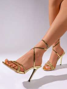Sandalias de tacón alto fino metálico brillante para mujer, con correa delantera doble trenzada, punta abierta y punta cuadrada, adecuadas para discoteca, boda y ocasiones formales - Dorado - Ver 1
