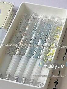 6pcs/5pcs/3pcs/2pcs/1pc/12pcs Floral Erasable Pens, Cute Writing Pen Set, Retractable, Black Quick-Drying Ink, 0.5mm Medium Tip, Decorated With Elegant Floral Patterns, Perfect For Smooth Writing In Journals And Office Supplies. - A - View 7