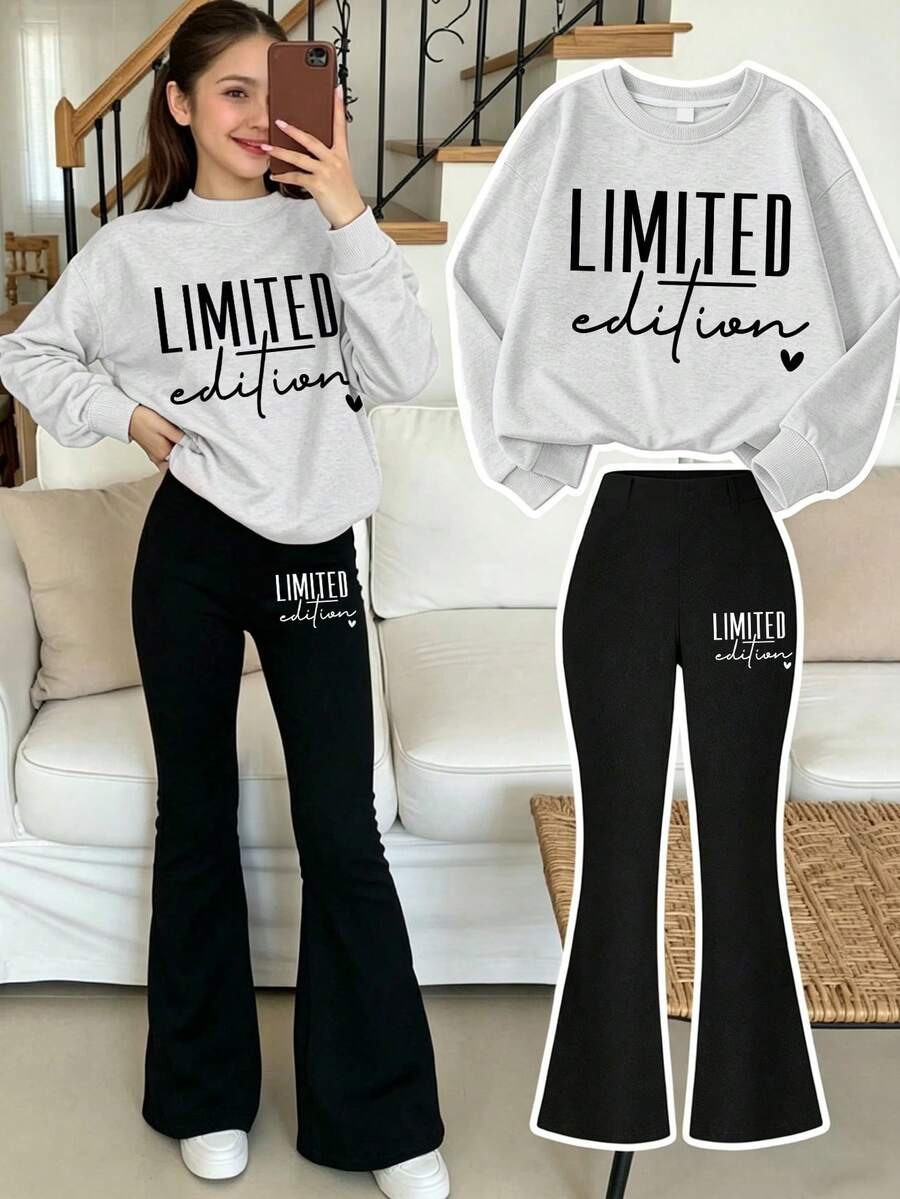 2pcs/Set Girls Round Neck English Letter Print Sweatshirt With Simple Casual Flare Pants, New Autumn/Winter Comfortable Girls Outfit - Light Grey - View 1