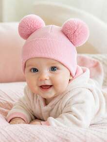 1PC Toddler Cute Double Pom Pom Folded Cuff Beanie, Simple Comfortable Knitted Hat, Suitable For Toddler Autumn/Winter Daily Home Wear, Outdoor Outfits, Warm Casual Winter Hat, Can Be Given As A Gift - Multicolor - View 4