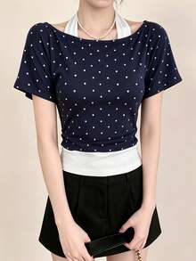 Kaos Wanita Lengan Pendek Musim Panas Terbaru dengan Leher Halter Patchwork dan Atasan Polkadot, Potongan Acak - Navy Blue - View 2