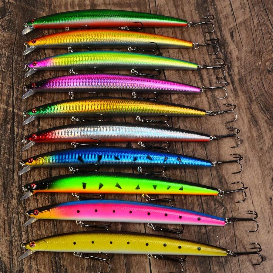 10pcs Floating Long Minnow Lure Set, Laser Reflective Hard Baits, Sea Fishing Long Cast Bigmouth Bass And Sea Bass Fishing Lure Combination - Multicolor - View 1