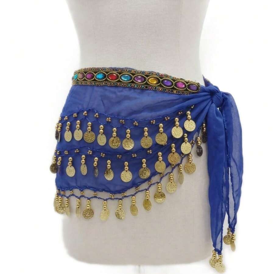 Belly Dance Scarf With Stones And Coins Luxury Various Models - New Arrival - 藍色 - 查看 1