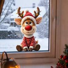 Xmas Window Decor 1/3Pcs Cute Teddy Bear Snowman Reindeer Static Window Stickers, Knit Hat Scarf Design, Reusable No Adhesive Glass Decals, Home Store Holiday Display Decor Gift - Multicolor - View 5