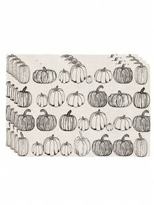 2/4/6Pcs Table Placemat, Fall Halloween Thanksgiving Hand Drawn Pumpkin Line Art Non Slip Washable Dining Mat - Black and White - View 8