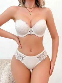 1 Set White Lace Strapless Bra And Panty Set Women Front Closure Push Up Bandeau Lingerie - White - View 4