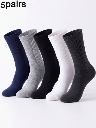 5 Pairs Men's Multi-Color Basic Business Mid-Calf Socks, Premium Dress Socks, Soft, Breathable, Comfortable And Durable, Classic Business Style, Suitable For Gifts, Office And Commute