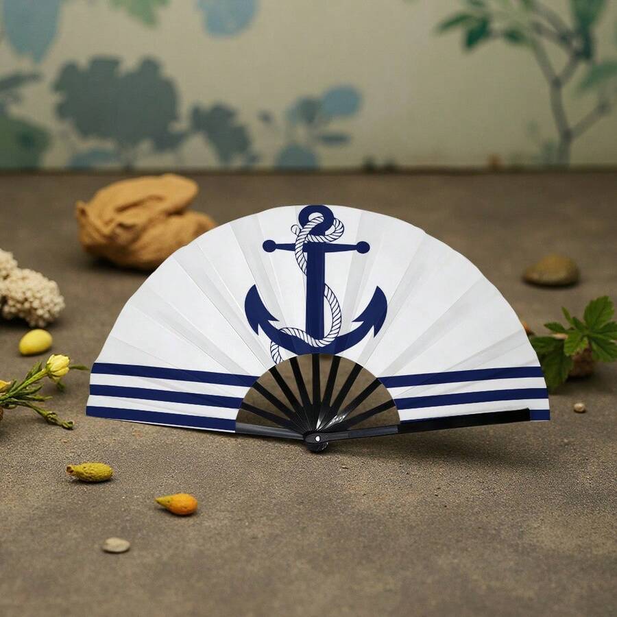 1pc Women's Folding Fan, Anchor On Blue And White Striped Background, Fashion Folding Fan, Summer Folding Fan, Holiday Gift, Birthday Gift Folding Fan, Each Fan Face Color And Pattern Position May Vary Slightly, Randomly Sent - Multicolor - View 1