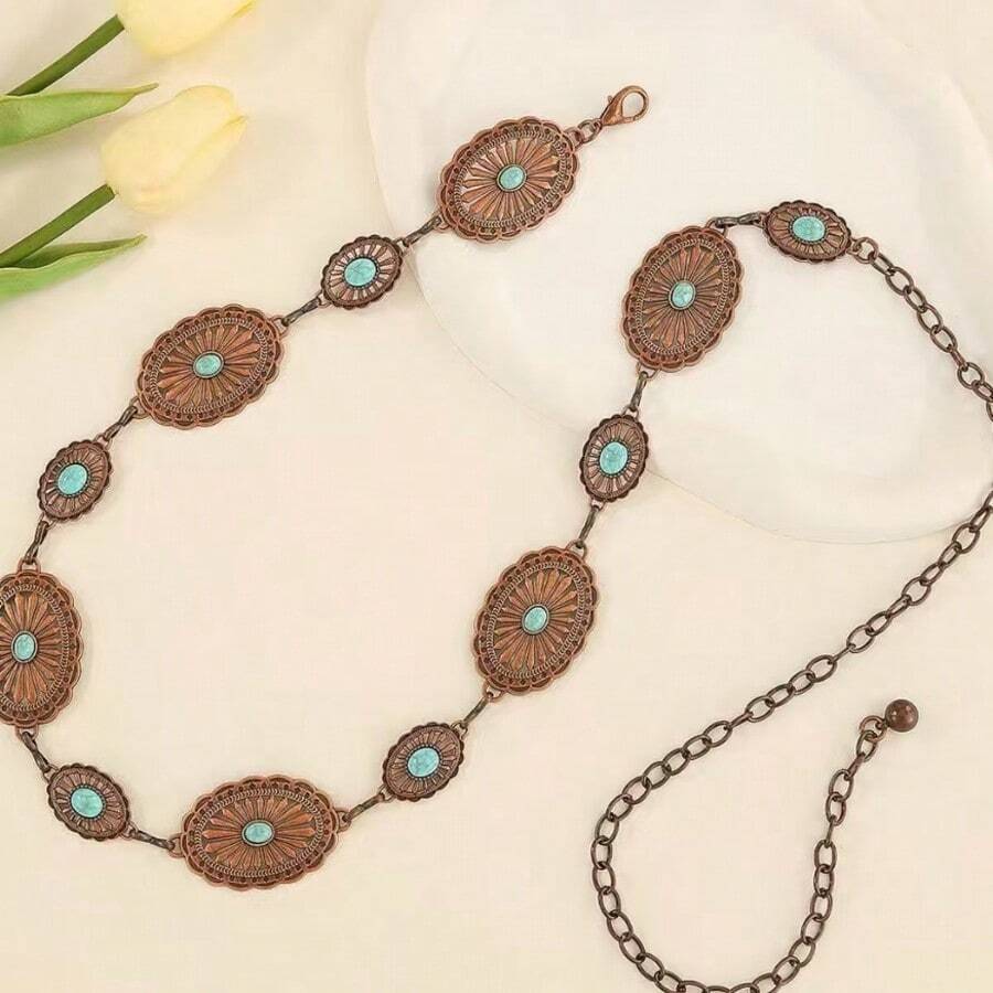 Women's Carved Waist Chain, Korean Style Versatile Sweet Decorative Thin Waist Chain, Metal Chain, Suitable For Skirts, Sweaters, Dresses Accessories, Sexy - Bronze Blue - View 1