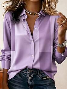 Vintage Casual Geometric Color Block Print Women's Plus Size Long Sleeve Button-Up Shirt - Mauve Purple - View 1