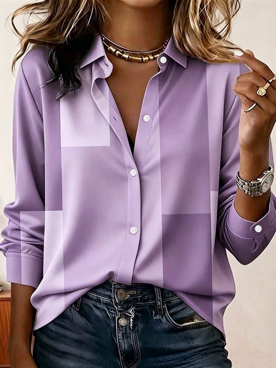 Vintage Casual Geometric Color Block Print Women's Plus Size Long Sleeve Button-Up Shirt - Mauve Purple - View 1