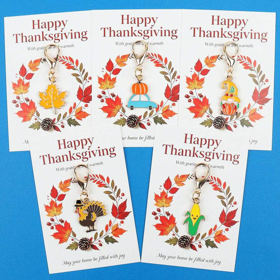 5pcs/10pcs Autumn Fall Enamel Lobster Clasp Keychain, Maple Leaf Pumpkin Gnome Turkey Corn Charm, Thanksgiving Paper Card, Seasonal Pocket Hug Gift - Multicolor - View 1