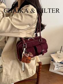 CHAIKA & KILTER 1件裝 素色麂皮布料女款時尚單肩包 多口袋大容量波士頓保齡球包 拉鍊開合 適合日常與外出使用（附吊飾） - 酒紅色 - 查看 8
