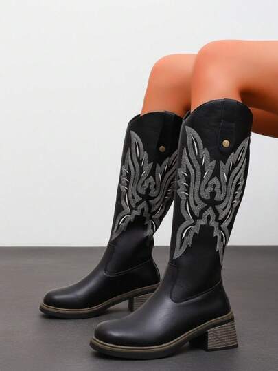 Embroidered Western Cowboy Tall Boots, Plus Size Wide Foot Black Chunky Heel Side Zipper Women's Boots