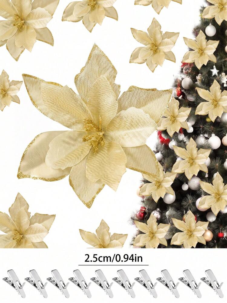 1/10/20/30pcs Shiny Double-Layer Red Poinsettia Artificial Flowers With Clips, 6.7 Inch, Suitable For Christmas Tree, Wreath, Staircase, Fireplace, Window, Coffee Table And Holiday/Wedding Party Decoration, Christmas Gift - Gold - View 2